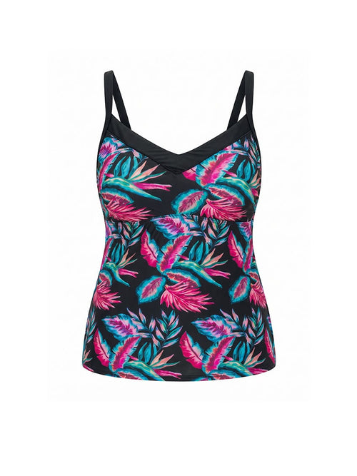 Tankini top with tropical leaf pattern on a white background