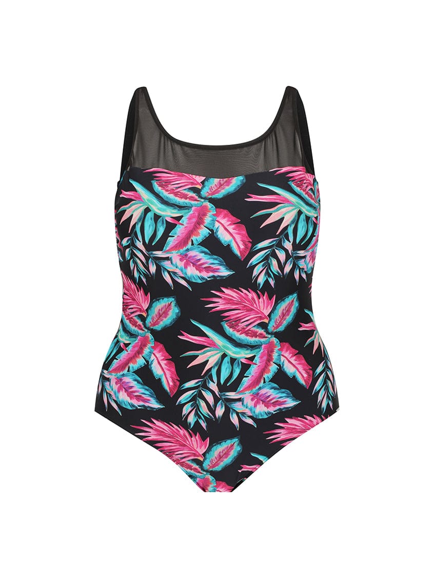 One-piece swimsuit with tropical leaf pattern on a white background