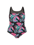 One-piece swimsuit with tropical leaf pattern on a white background