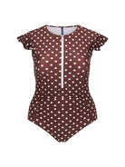 Brown polka dot swimsuit with a zipper on a white background