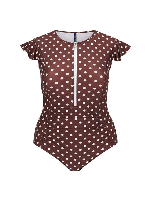 Brown polka dot swimsuit with a zipper on a white background