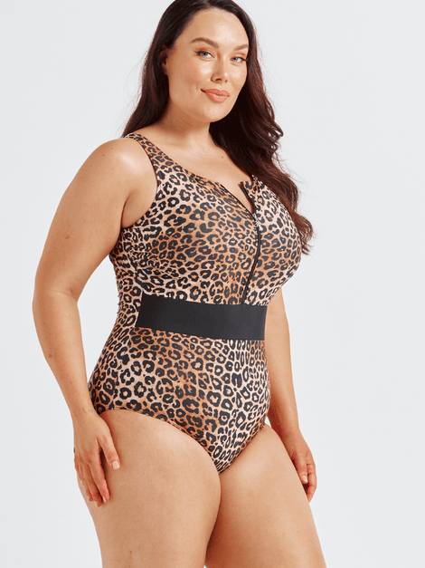 Leopard Sustainable Sleeveless Zip Front One Piece