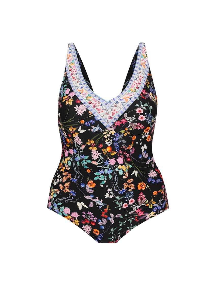 Floral-patterned swimsuit with lace trim on a white background