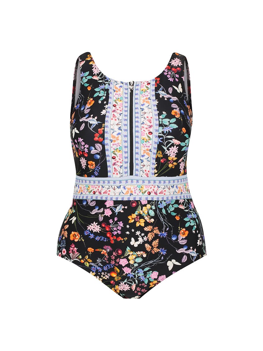 Floral patterned swimsuit with colorful accents on a white background