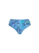 Blue patterned bikini bottom on a white background