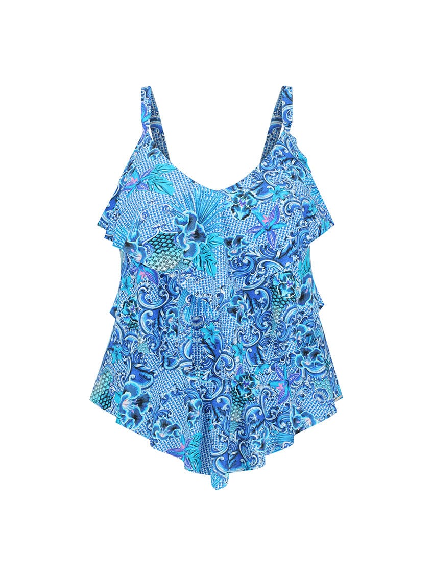 Blue patterned swimsuit on a white background