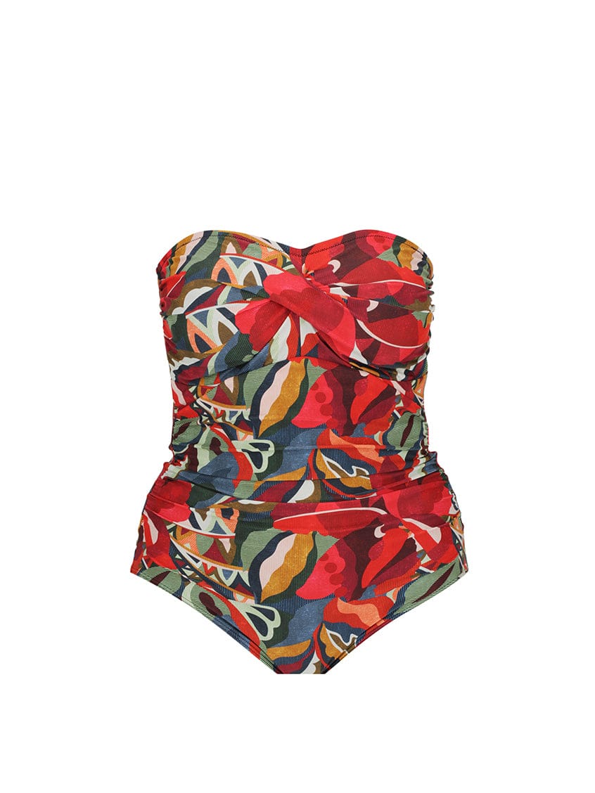 Colorful strapless swimsuit with floral pattern on a white background