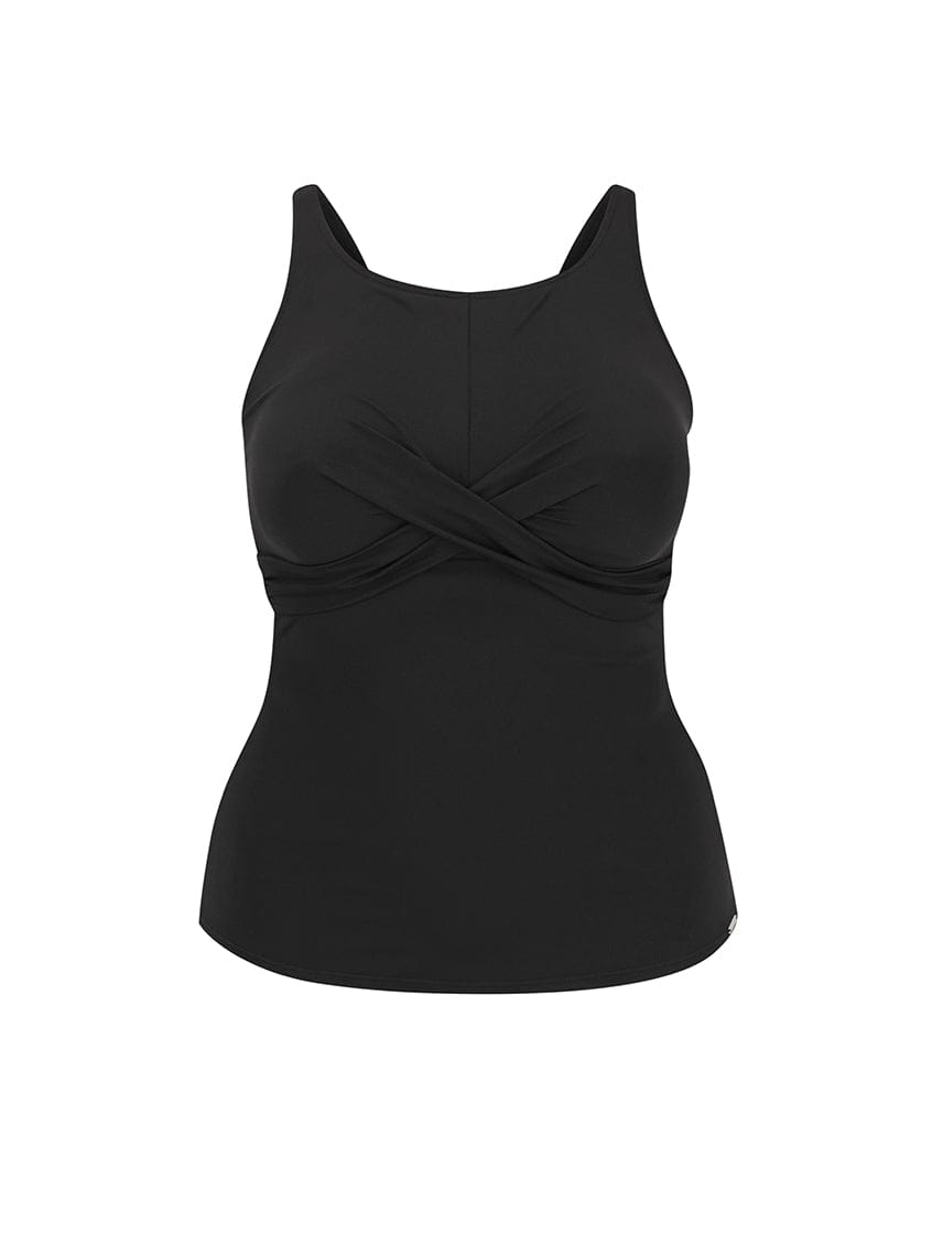 Black tank top with a twisted design on a white background