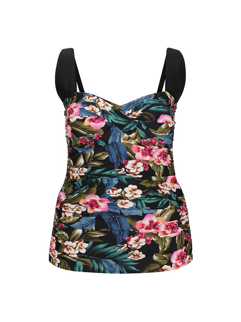 Floral tank top with black straps on a white background