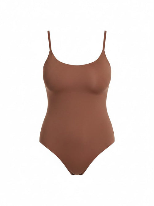 Brown swimsuit with thin straps on a white background