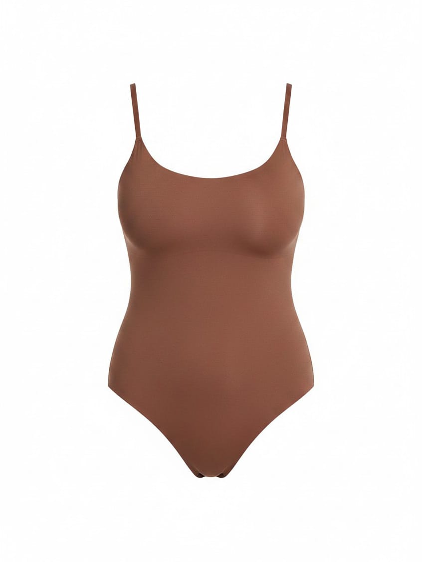 Brown swimsuit with thin straps on a white background