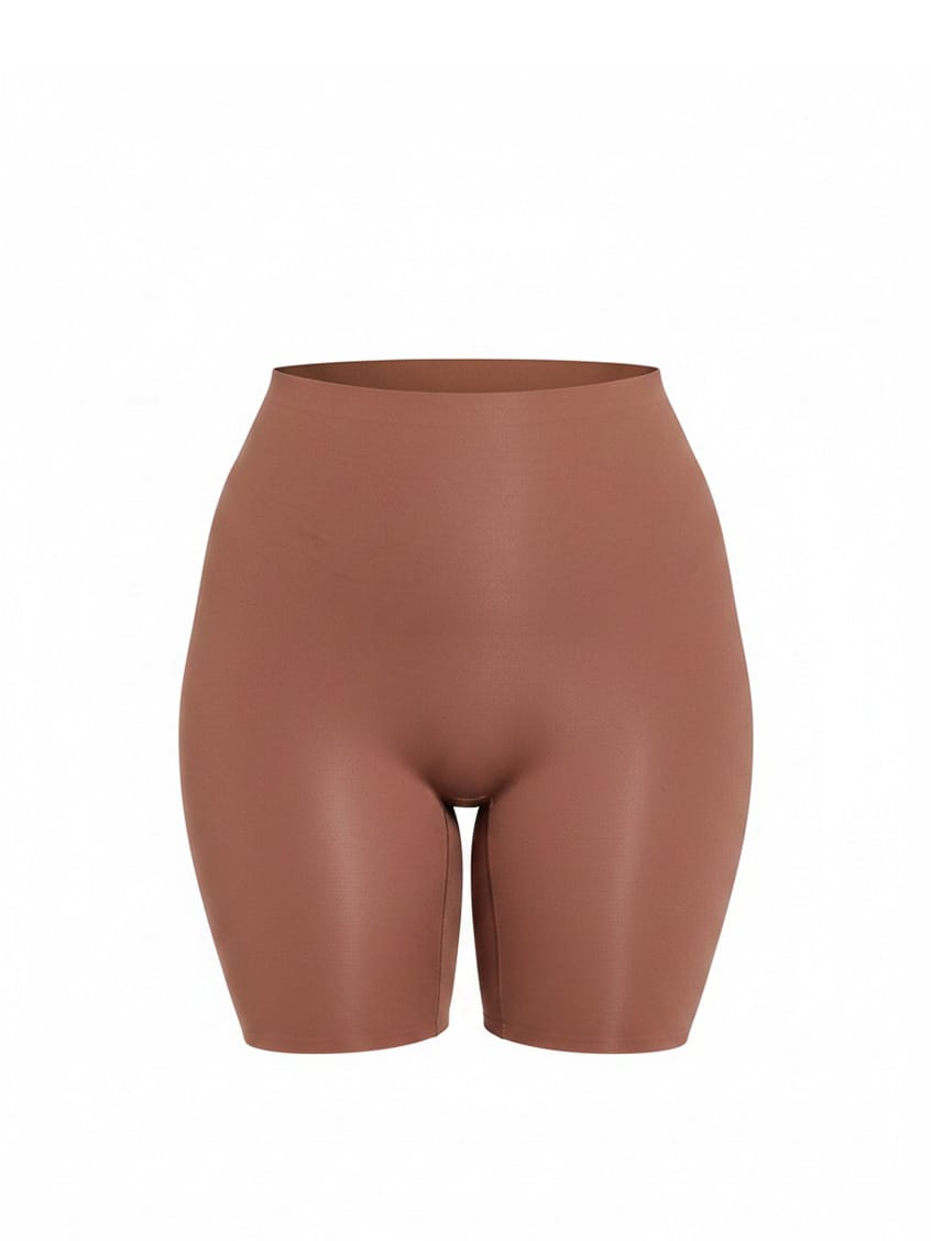 Brown high-waisted shorts on a white background