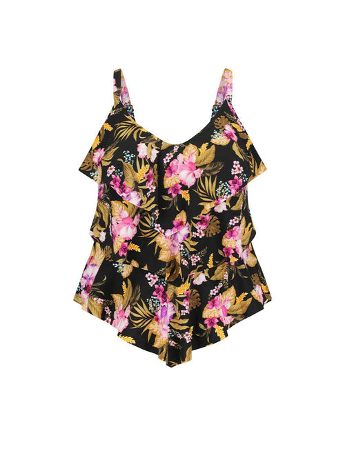 Ghost Mannequin of Womens 3 Tier Tankini Top in Pink and Gold Floral Print