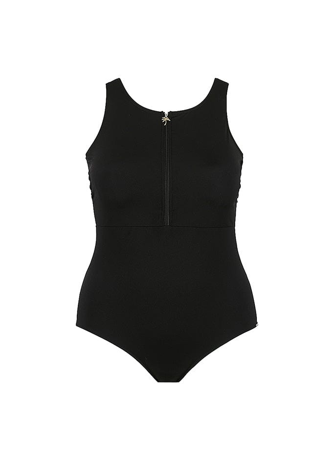 Ghost mannequin black sleeveless zip front one piece