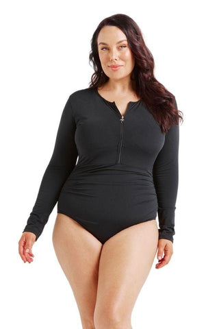 Chlorine Resistant Black Zip Front Long Sleeve One Piece