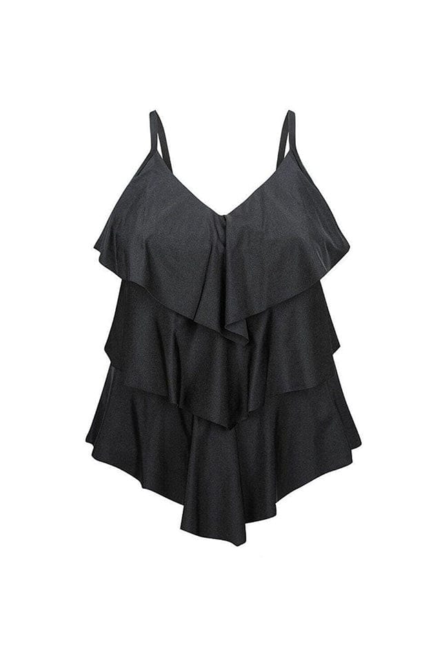 Ghost mannequin chlorine resistant black 3 tier ruffle tankini