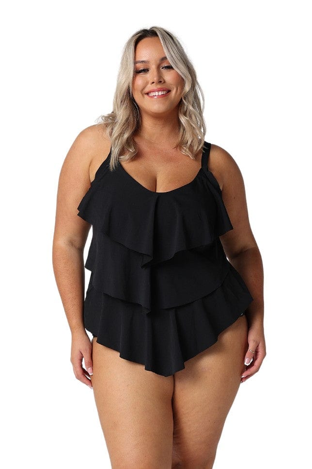 Model wearing black 3 tier tankini top