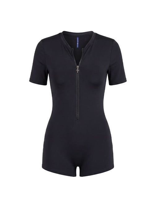 Chlorine Resistant Black Short Sleeve Boyleg One Piece