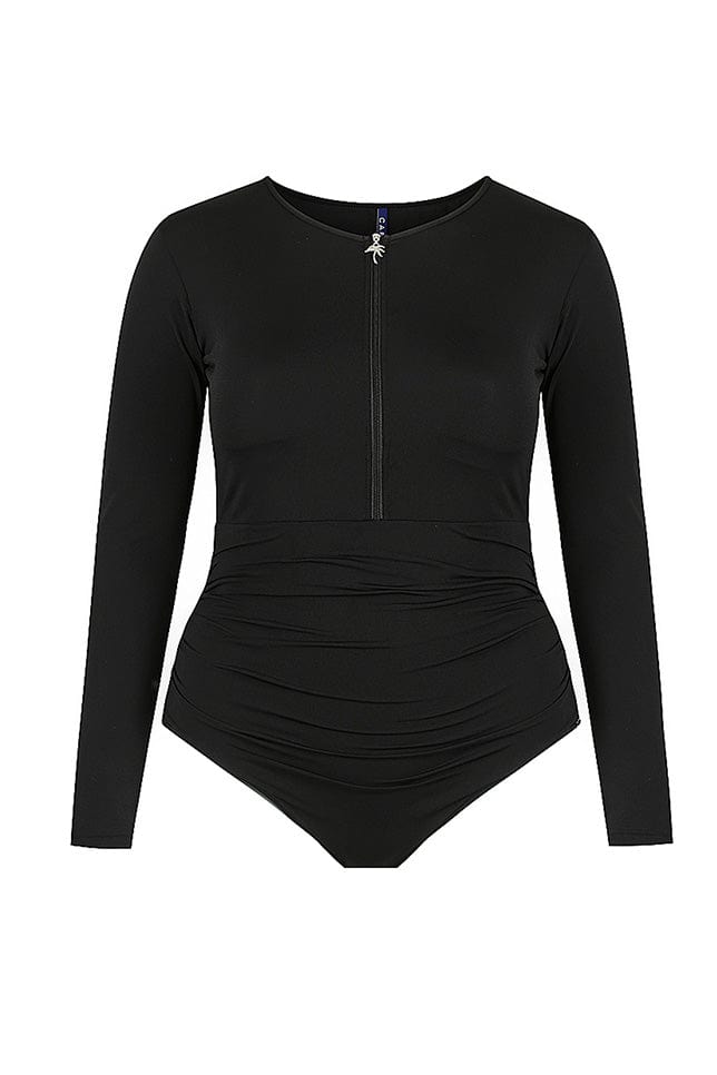 Ghost mannequin chlorine resistant black long sleeve one piece