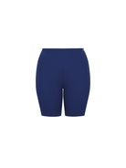 ghost mannequin image of navy blue knee length bike pant made from chlorine resistant fabric