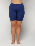 Curve model in blue swim shorts in chlorine resistant 
