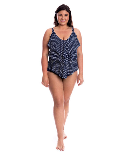 Chlorine Resistant Navy & White Dots 3 Tier Tankini Top