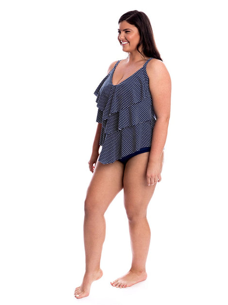 Chlorine Resistant Navy & White Dots 3 Tier Tankini Top
