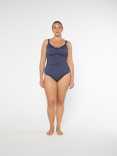 Chlorine Resistant Navy & White Dots V Neck Underwire One Piece