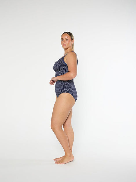 Chlorine Resistant Navy & White Dots V Neck Underwire One Piece