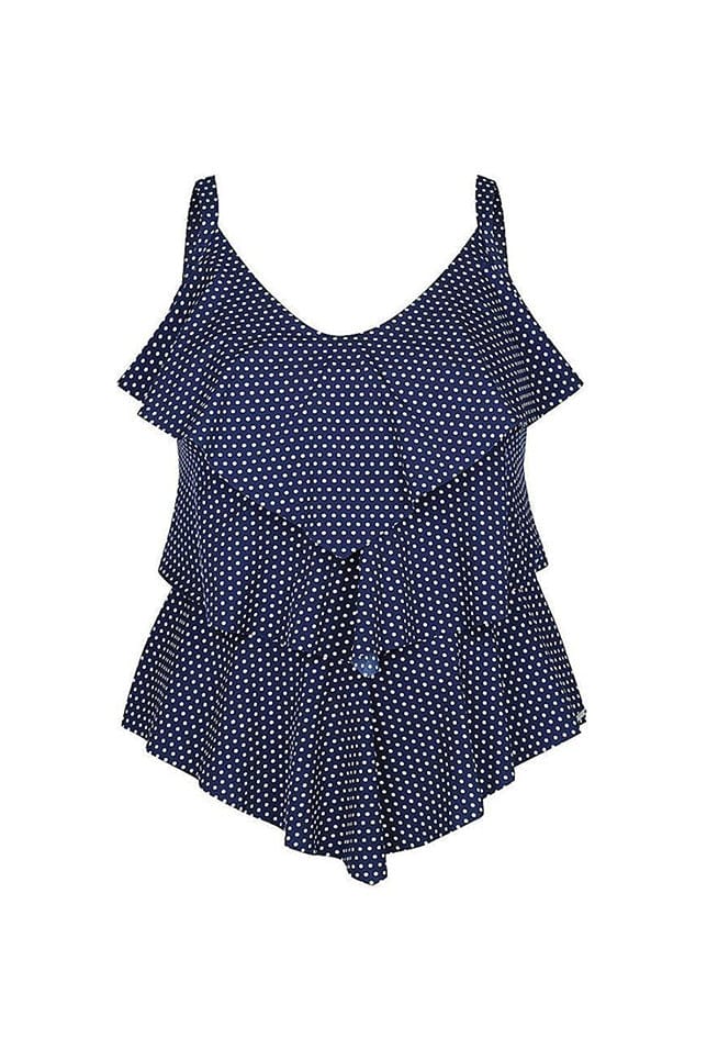 Ghost mannequin navy and white dots three tier tankini