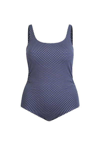 Ghost mannequin chlorine resistant navy and white dots tank one piece