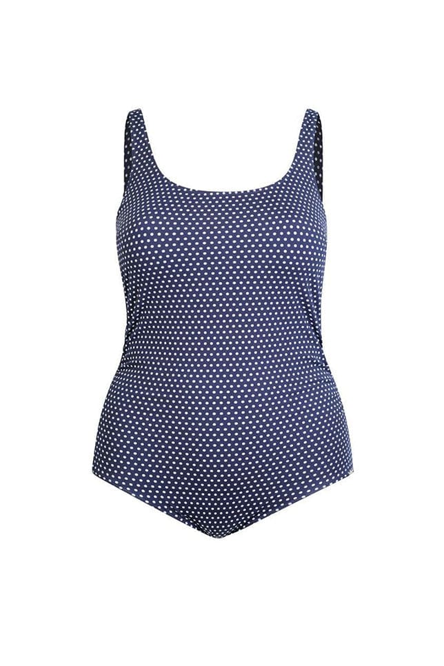 Ghost mannequin chlorine resistant navy and white dots tank one piece