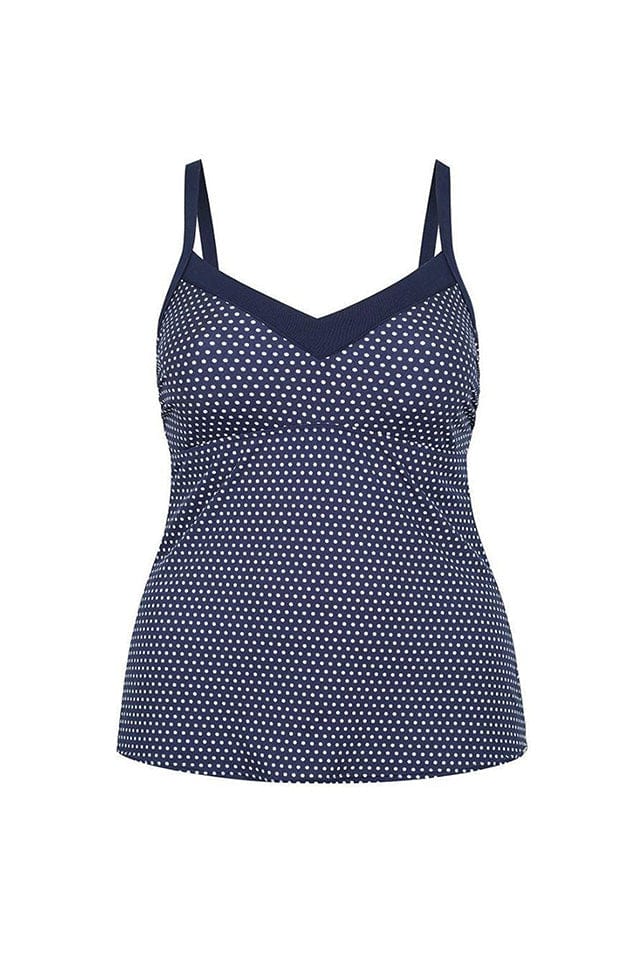 Ghost mannequin navy and white dots tankini