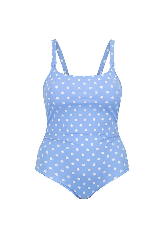 Retro blue and white polkadot one piece in chlorine resistant