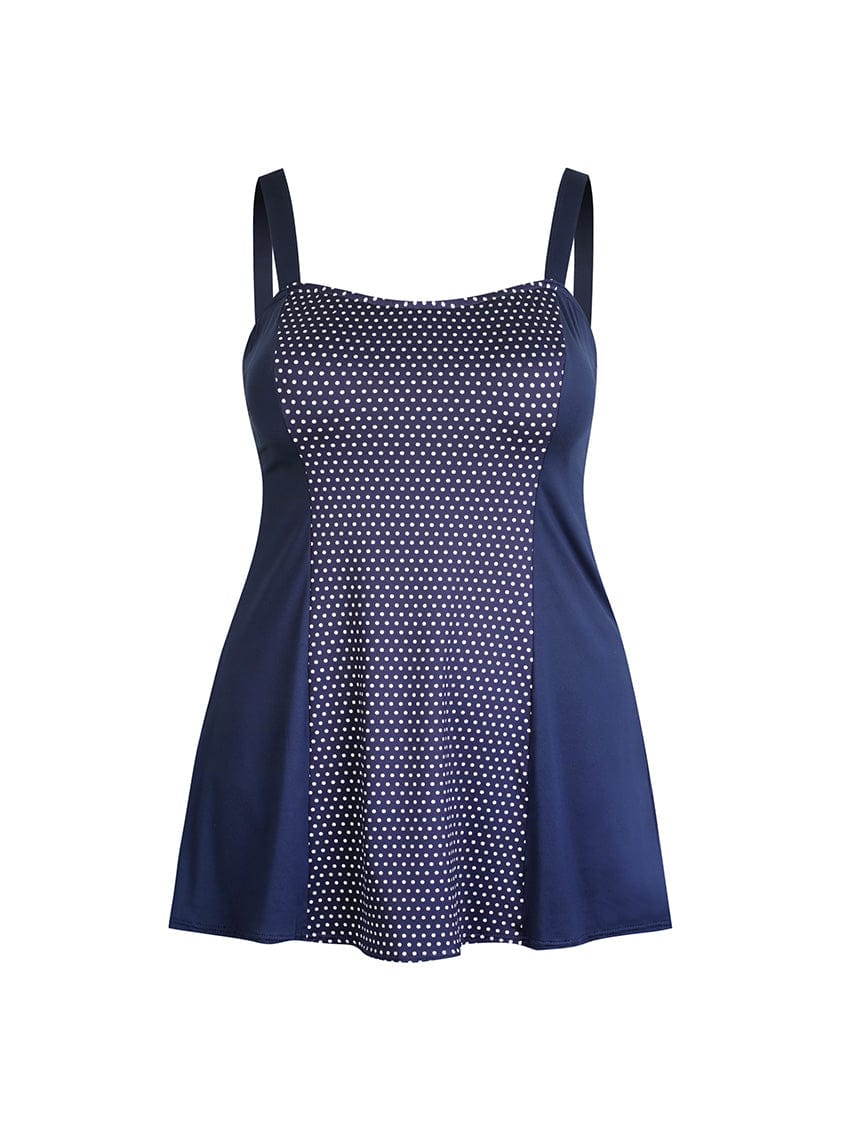 Chlorine Resistant Navy & White Dots Wide Strap Plus Size Swim Dress