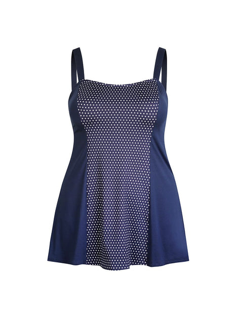 Chlorine Resistant Navy & White Dots Wide Strap Plus Size Swim Dress