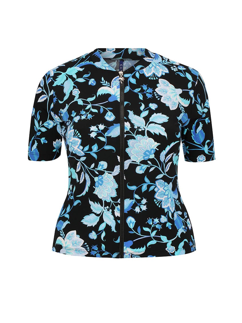 Floral patterned jacket with blue flowers on a black background