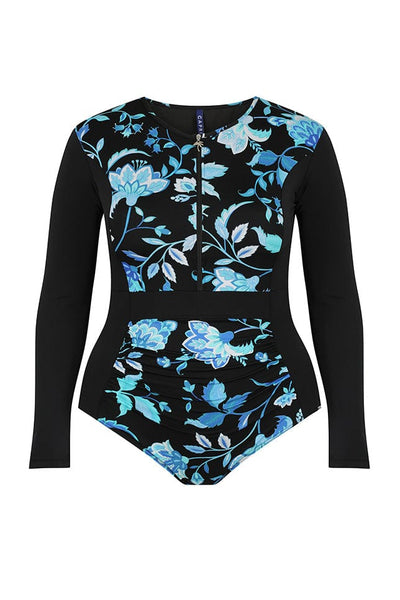 Ghost mannequin black and blue floral long sleeve swimsuit