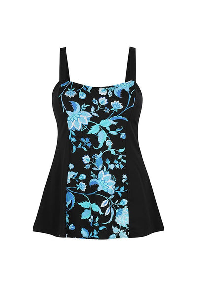 Ghost mannequin black and blue floral wide strap swim dress