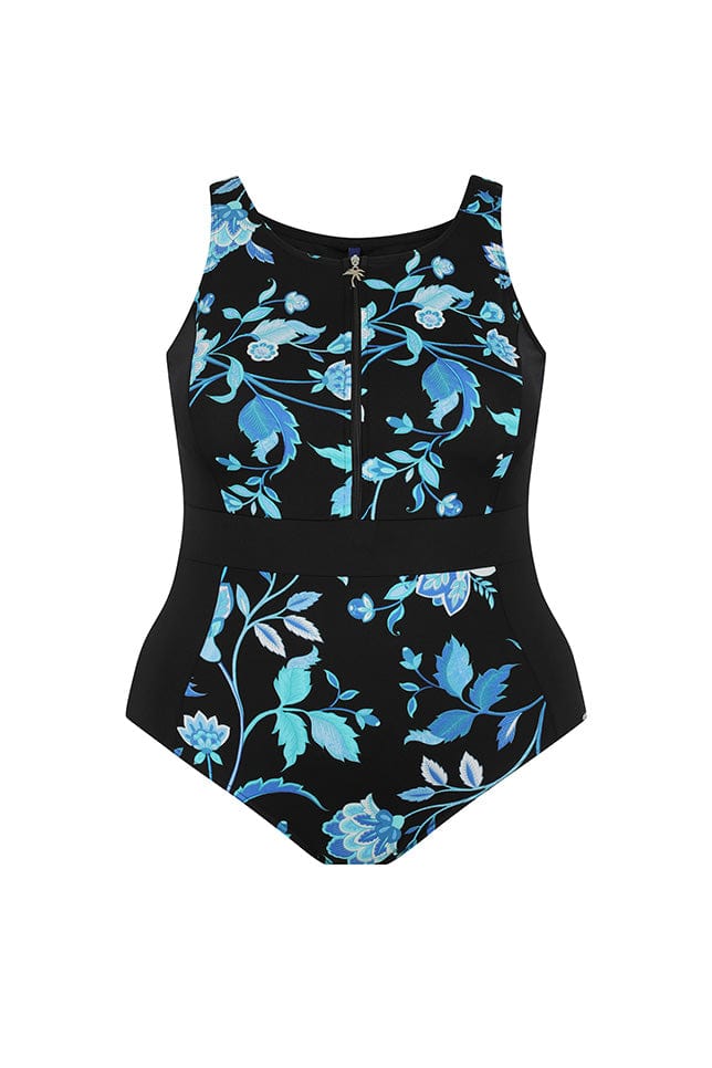 Ghost mannequin black and blue floral zip front one piece