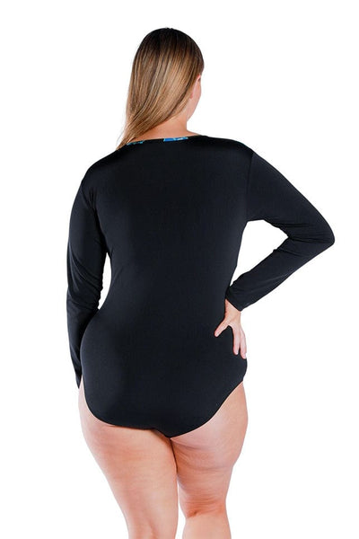 plus size model wearing long sleeve swimsuit in black 