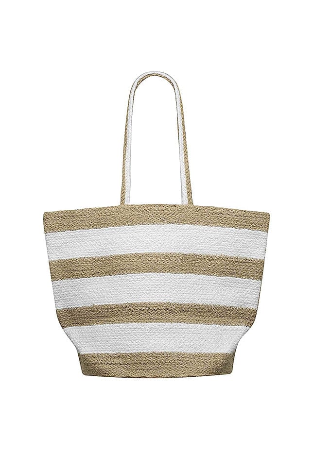 white and natural horizontal striped beach bag with shoulder straps