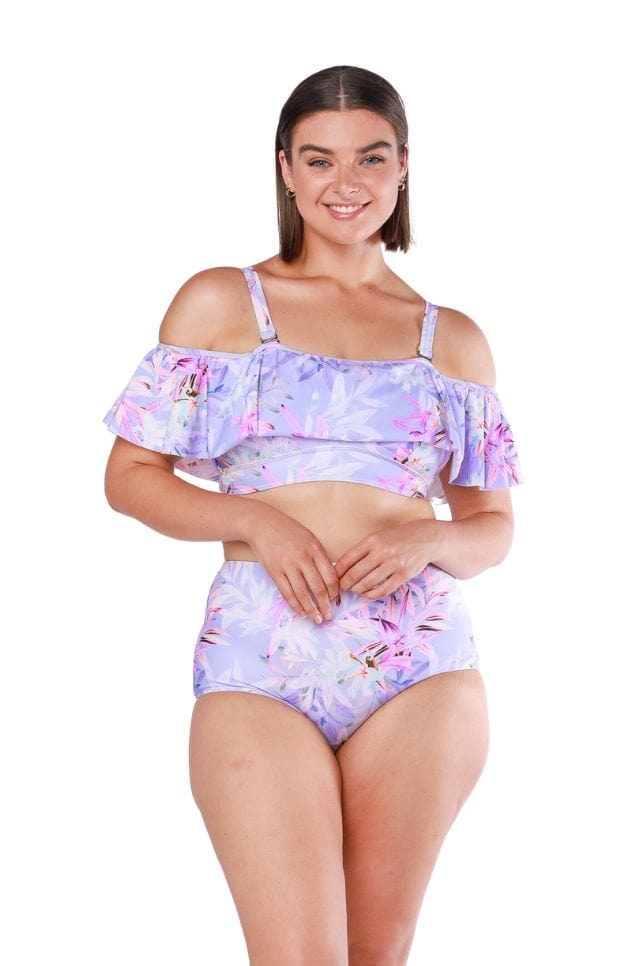 Brunette curve model wearing tropical lilac swim bottoms