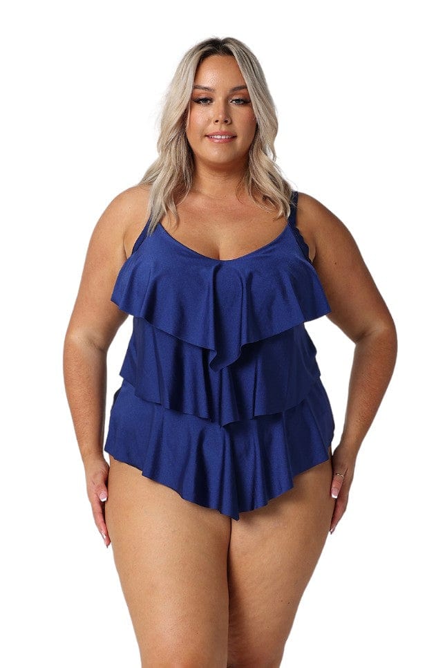 Blonde model wears flattering curve tankini top with ruffles