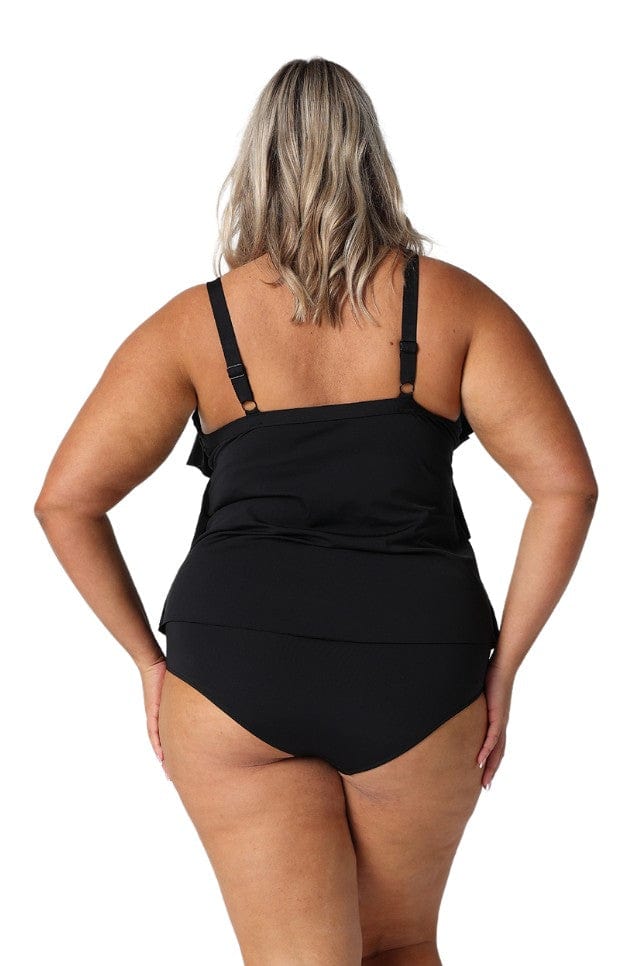 Model showing back of black 3 tier tankini top