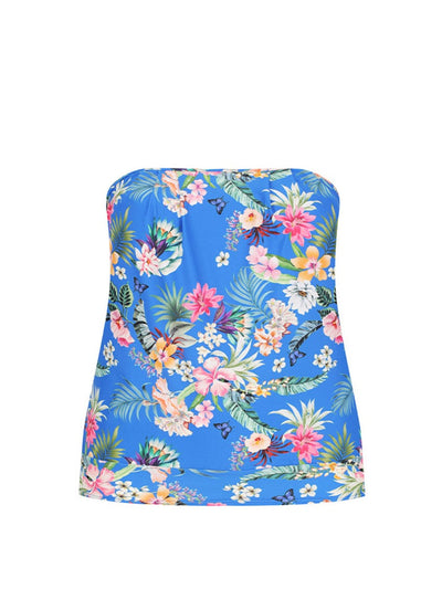 Ghost mannequin of flouncy bandeau tankini top in vibrant floral blue print