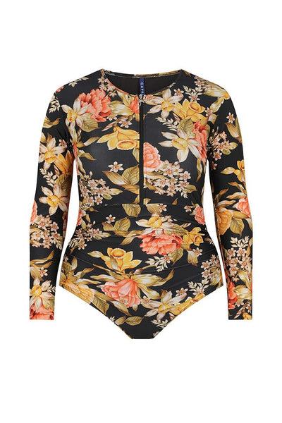 Ghost mannequin wearing yellow and orange floral black printed long sleeved one piece 