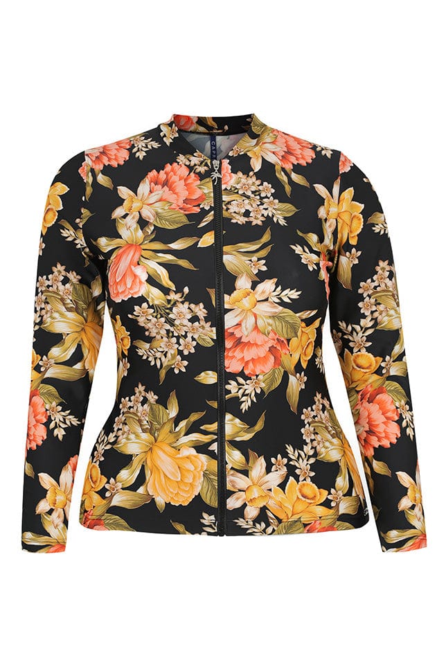 ghost mannequin image of a black based floral print with mustard and peach colours with full length zip front