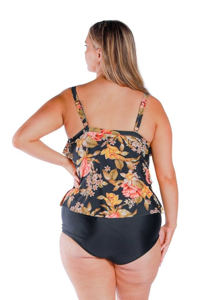 Back of model wearing plus size flattering tankini top with adjustable straps