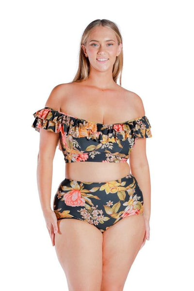 Model wearing orange and yellow floral and black printed double frill bikini top